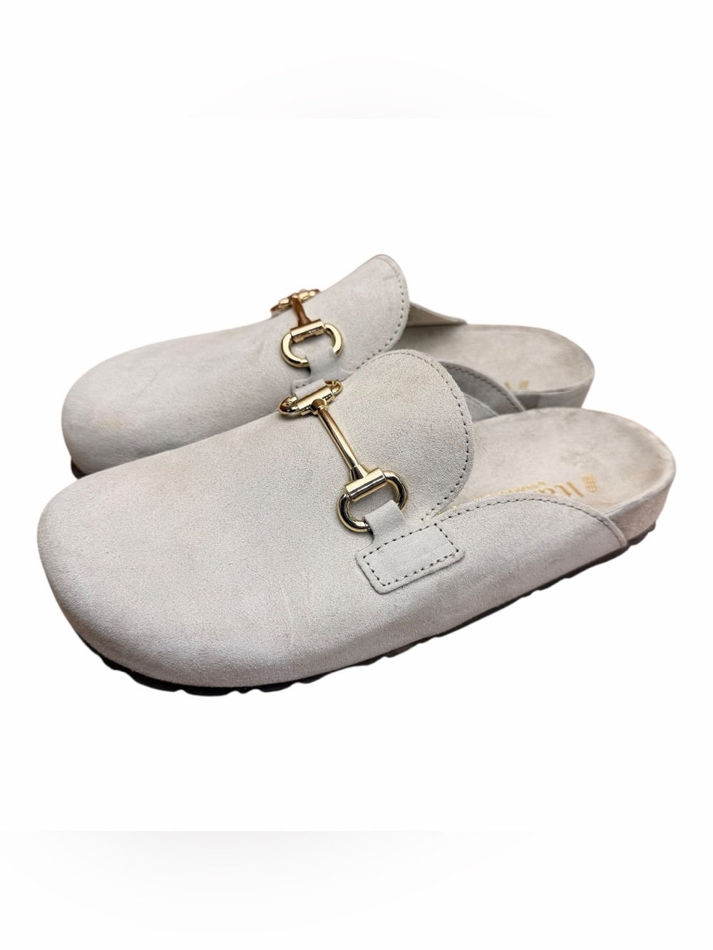 Italiano size 8.5 Neutral Suede Slip-On Mules with Gold Bit Detail